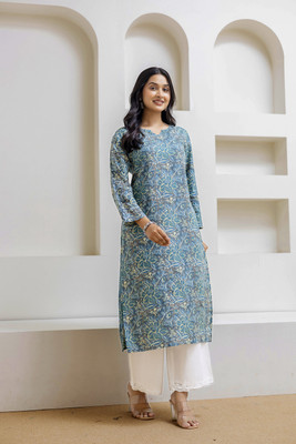 DesiHulia Women Printed Straight Kurta(Light Blue)