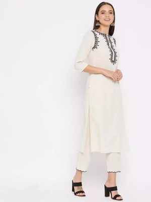MYKUKI Women Embroidered Straight Kurta(White)