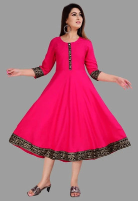 GULJAR FASHION Women Printed, Solid A-line Kurta(Pink)