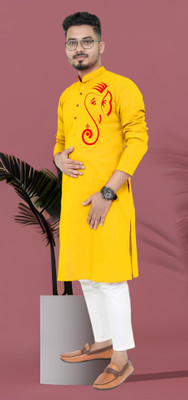 Mamta fab Men Printed Straight Kurta(Yellow)