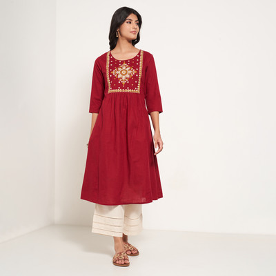 Rangmanch by Pantaloons Women Printed A-line Kurta(Maroon)