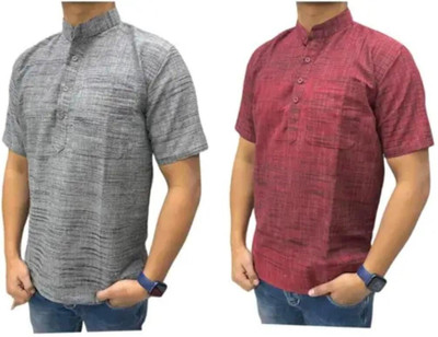 COTTONFEB Men Self Design Straight Kurta(Grey, Maroon)