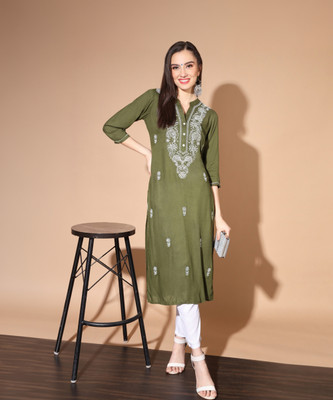 ANGITA Women Chikan Embroidery Straight Kurta(Green)