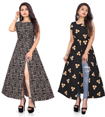 tanvi creation Women Printed Frontslit Kurta(Black)