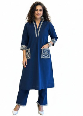 trendpe Women Solid, Embroidered Straight Kurta(Dark Blue)