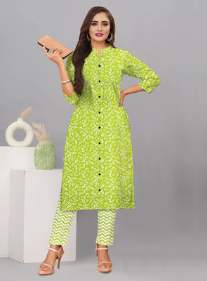 febric textiles Women Printed Straight Kurta(Green)