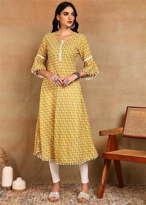 IKRASS Women Printed Anarkali Kurta(Yellow)
