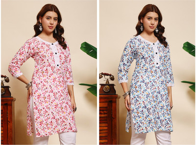 FaeebFashion Women Floral Print, Printed Straight Kurta(Pink, Blue)