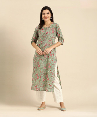 Rajnandini Women Printed Straight Kurta(Green)