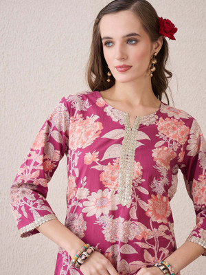 PHYSIL Women Printed Straight Kurta(Pink)