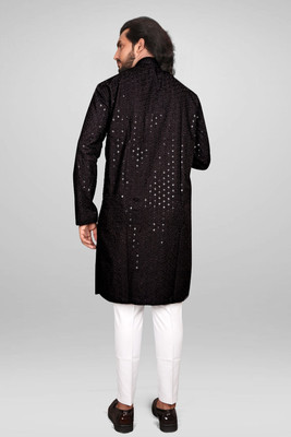 Alankrit Textiles Men Chikan Embroidery A-line Kurta(Black)
