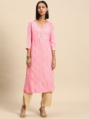 all about you Women Printed Straight Kurta(Pink)