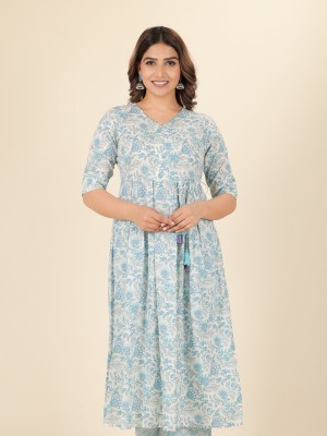 Aramya Women Floral Print Gown Kurta(Light Blue)