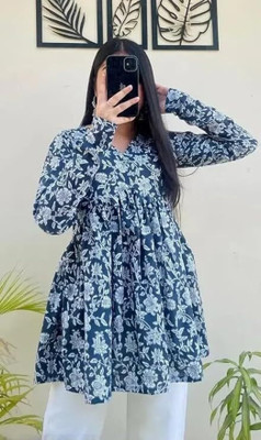 JUNZIO Women Floral Print, Printed Flared Kurta(Blue)