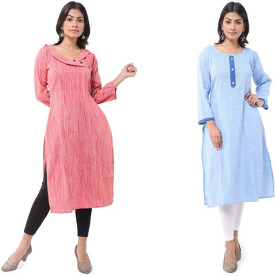 DESHBANDHU DBK Women Solid Straight Kurta(Pink, Light Blue)