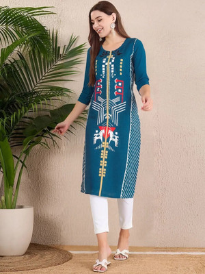 Moda Repido Women Printed A-line Kurta(Blue)