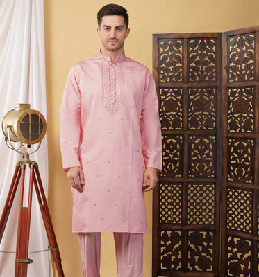 ADHIRAJAN Men Embroidered Straight Kurta(Pink)