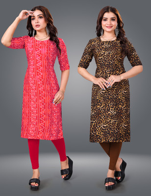 MOBHISA Women Printed Straight Kurta(Brown)