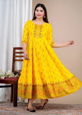 HouseOfCommon Women Printed Anarkali Kurta(Yellow)
