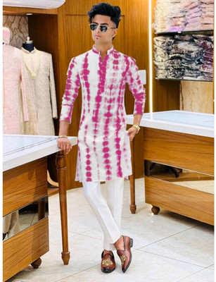 TRUST OUS Men Geometric Print Straight Kurta(Pink)