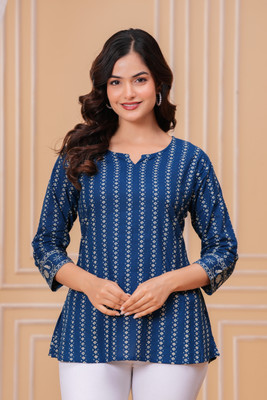 Vidhya exports Women Printed, Geometric Print Cape Top Kurta(Blue)