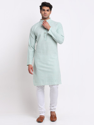 Enchanted Drapes Women Striped Straight Kurta(Green)