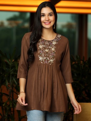 LIBAS Women Embroidered A-line Kurta(Brown)