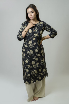 Shirachi Women Floral Print A-line Kurta(Black)