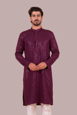 YSYB Dezines Men Chikan Embroidery Straight Kurta(Purple)