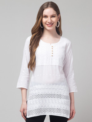 DIAMOND RUBY Women Chikan Embroidery A-line Kurta(White)