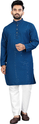 Shree Dutt Creation Men Chikan Embroidery Straight Kurta(Blue)
