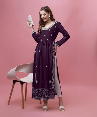 FabFairy Women Embroidered A-line Kurta(Purple)