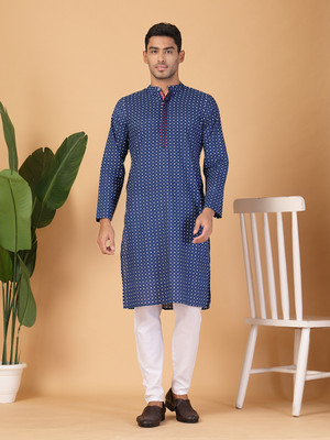 FABRIC FITOOR Men Polka Print Straight Kurta(Blue)