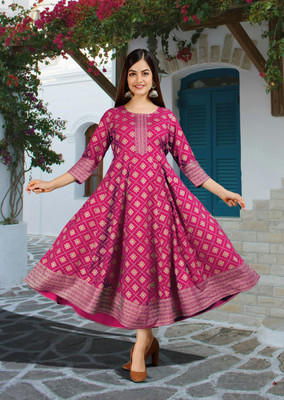 BRAHMASTRA Women Printed Anarkali Kurta(Pink, Gold)