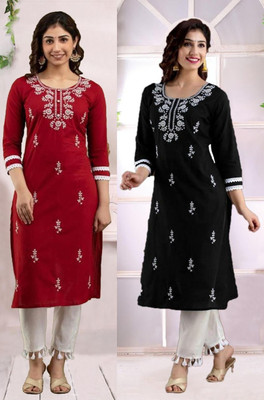 vikshi Women Chikan Embroidery A-line Kurta(Multicolor)