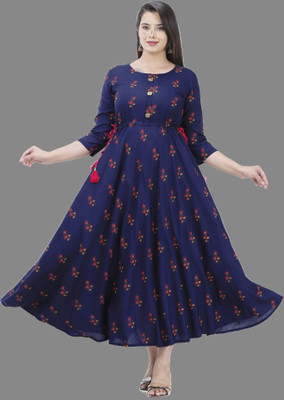 Anmi Floral Print Women Anarkali Kurta(Dark Blue)