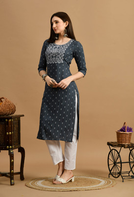 METAFAB Women Embroidered A-line Kurta(Grey)