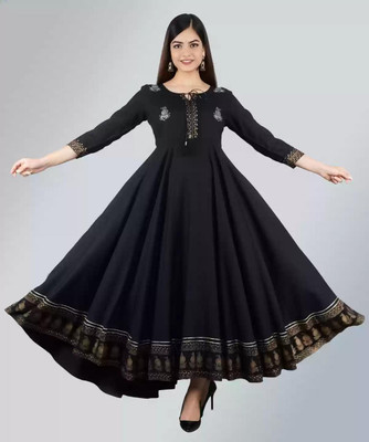 KANISHKTEXTILE Women Printed Anarkali Kurta(Black)