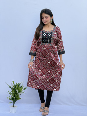Lefri Handicraft Women Printed Straight Kurta(Maroon)