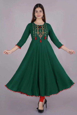 MUHAL Women Self Design Gown Kurta(Green)