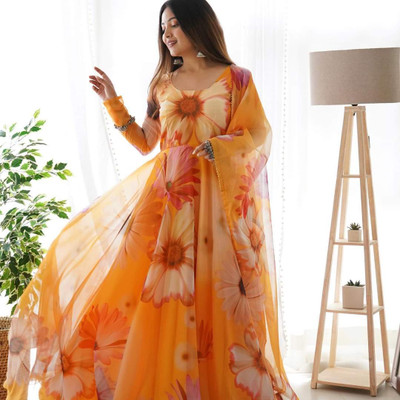 jems creation Women Floral Print Gown Kurta(Orange)