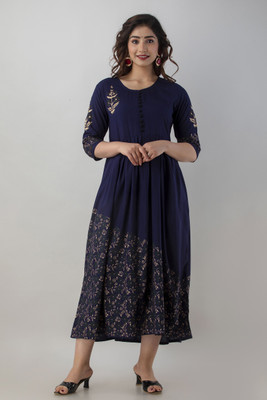 Sakshi Designer Women Printed Flared Kurta(Dark Blue)
