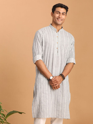 VASTRAMAY Men Geometric Print Straight Kurta(Grey)