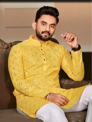 Biswas Trends Men Embroidered Straight Kurta(Black)