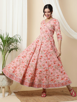 Sa Rasa Women Floral Print Ethnic Dress Kurta(Pink)