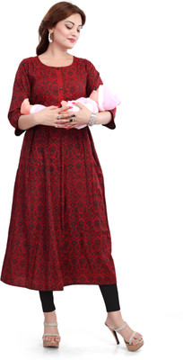 B2Fashion Women Printed Flared Kurta(Maroon)