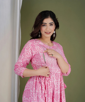 Fashion4Word Women Printed Anarkali Kurta(Pink)