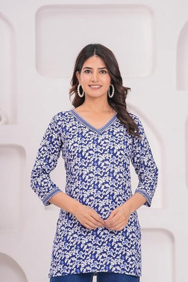 ESTROX Women Printed, Floral Print Tunic Kurta(Blue)