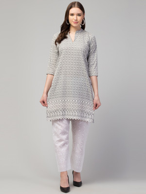 FamBee Women Chikan Embroidery Straight Kurta(Grey)
