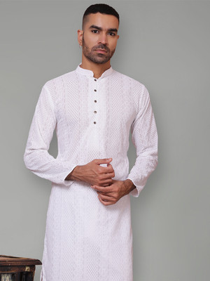 Jompers Men Embroidered Straight Kurta(White)